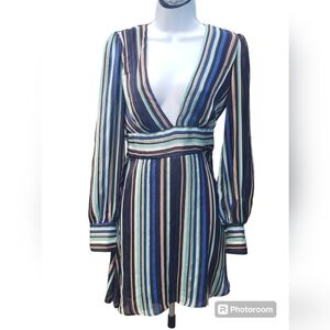 EMERALD SUNDAE Women's Long Sleeve V-Neck Fit & Flare Striped Dress SZ SMALL